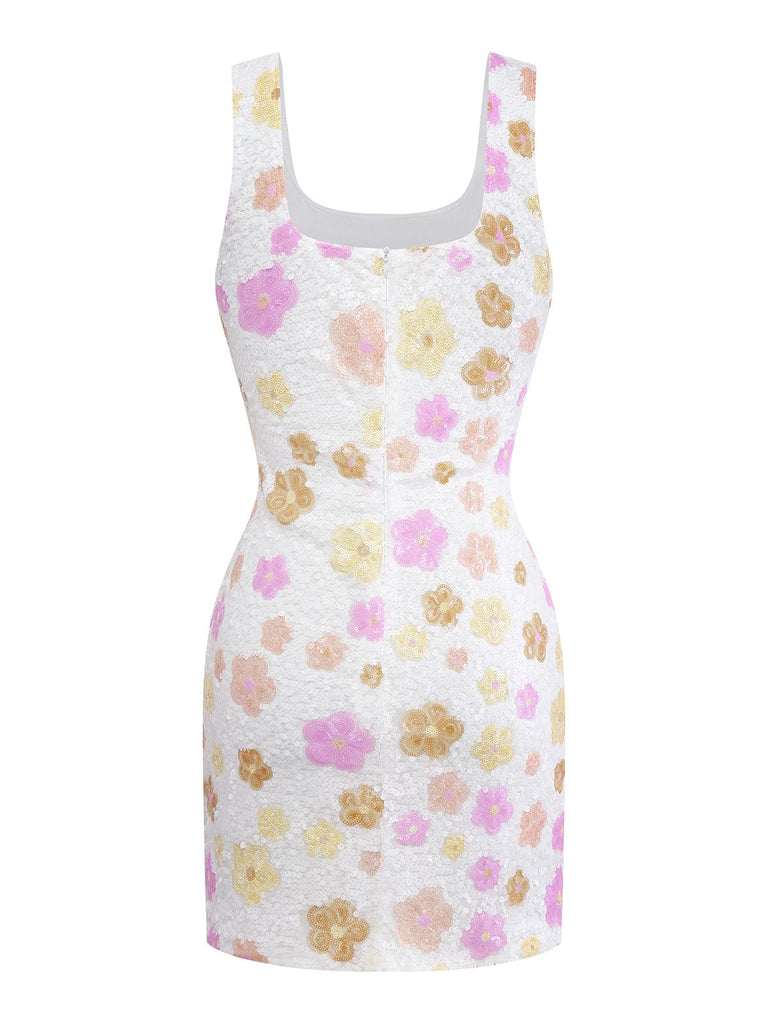 1980s Colorful Floral Sequined Slit Bodycon Dress - vintage dress, retro fashion