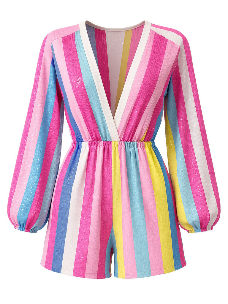 1980s Colorful Striped Sequined V-Neck Romper - vintage jumpsuit, retro fashion