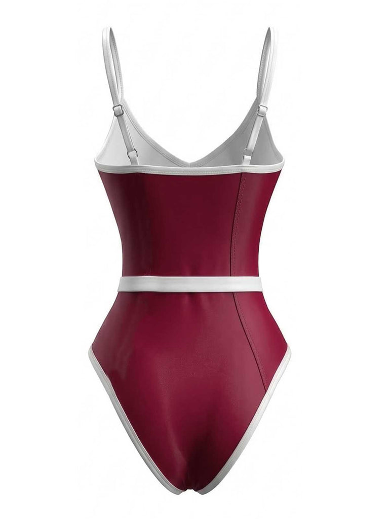 1980s Contrast Belted One-Piece Swimsuit | vintage swimwear, retro swimsuit, pin-up style - perfect for retro fashion enthusiasts