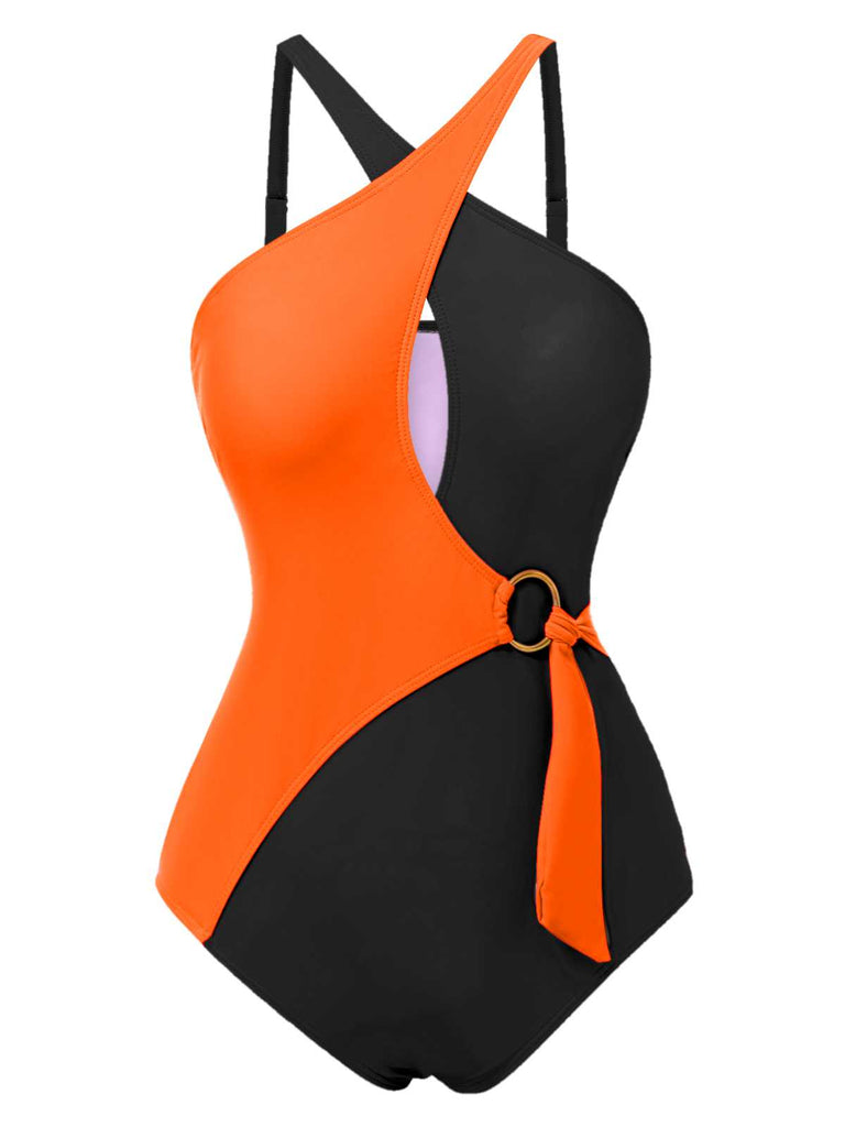 1980s Contrast Cross Strap Ring-Tie One-Piece Swimsuit — because 1980s glamour never goes out of style