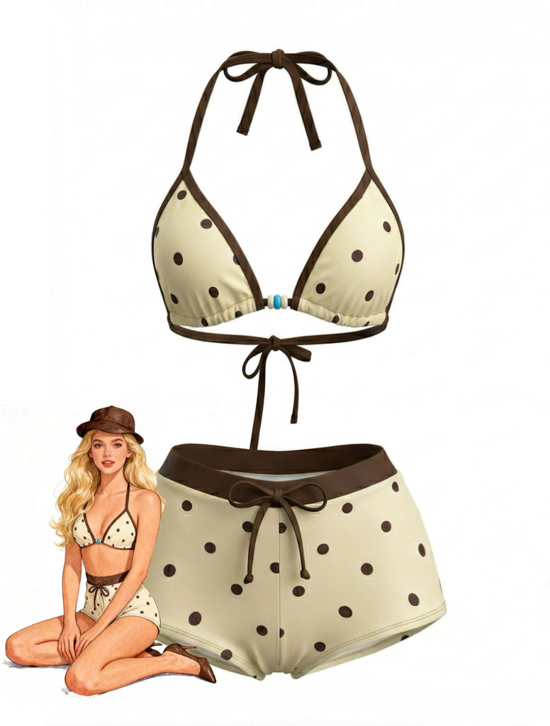 Cream Yellow 1980s Polka Dot Halter Bikini Top & Shorts - vintage fashion, retro style