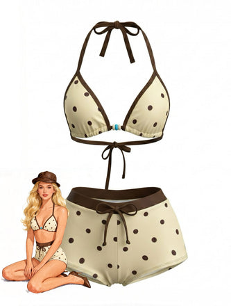 Cream Yellow 1980s Polka Dot Halter Bikini Top & Shorts - vintage fashion, retro style