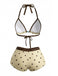 Cream Yellow 1980s Polka Dot Halter Bikini Top & Shorts - vintage fashion, retro style