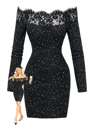 Black 1980s Lace Off-Shoulder Metallic Silver Splash Bodycon Dress - vintage dress, retro fashion, classic black