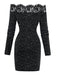 Black 1980s Lace Off-Shoulder Metallic Silver Splash Bodycon Dress - vintage dress, retro fashion, classic black