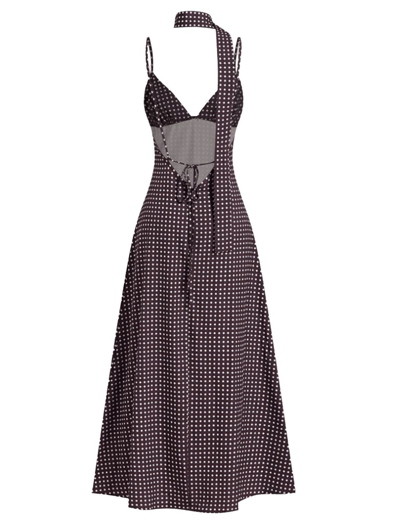 Brown 1980s V-Neck Polka Dot Tie Spaghetti Strap Dress - vintage dress, retro fashion