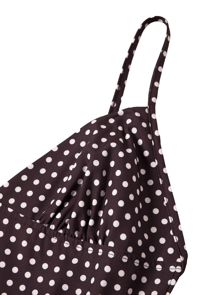 Brown 1980s V-Neck Polka Dot Tie Spaghetti Strap Dress - vintage dress, retro fashion