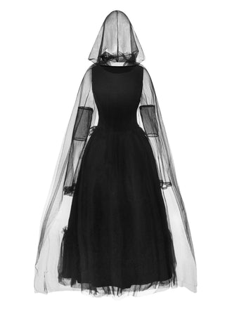 Black 1980s Halloween Mesh Patchwork Dress With Cape - vintage dress, retro fashion, classic black