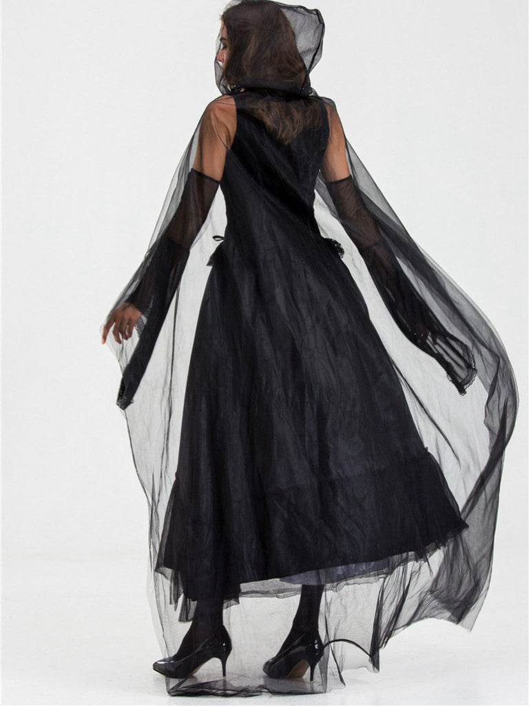 Black 1980s Halloween Mesh Patchwork Dress With Cape - vintage dress, retro fashion, classic black