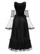 Black 1980s Halloween Mesh Patchwork Dress With Cape - vintage dress, retro fashion, classic black