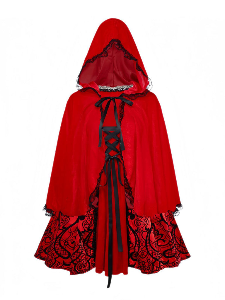Red 1980s Velvet Lace Sequined Strapless Dress & Cape - vintage dress, retro fashion, elegant red