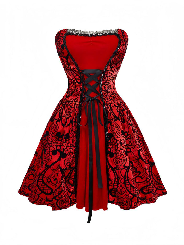 Red 1980s Velvet Lace Sequined Strapless Dress & Cape - vintage dress, retro fashion, elegant red