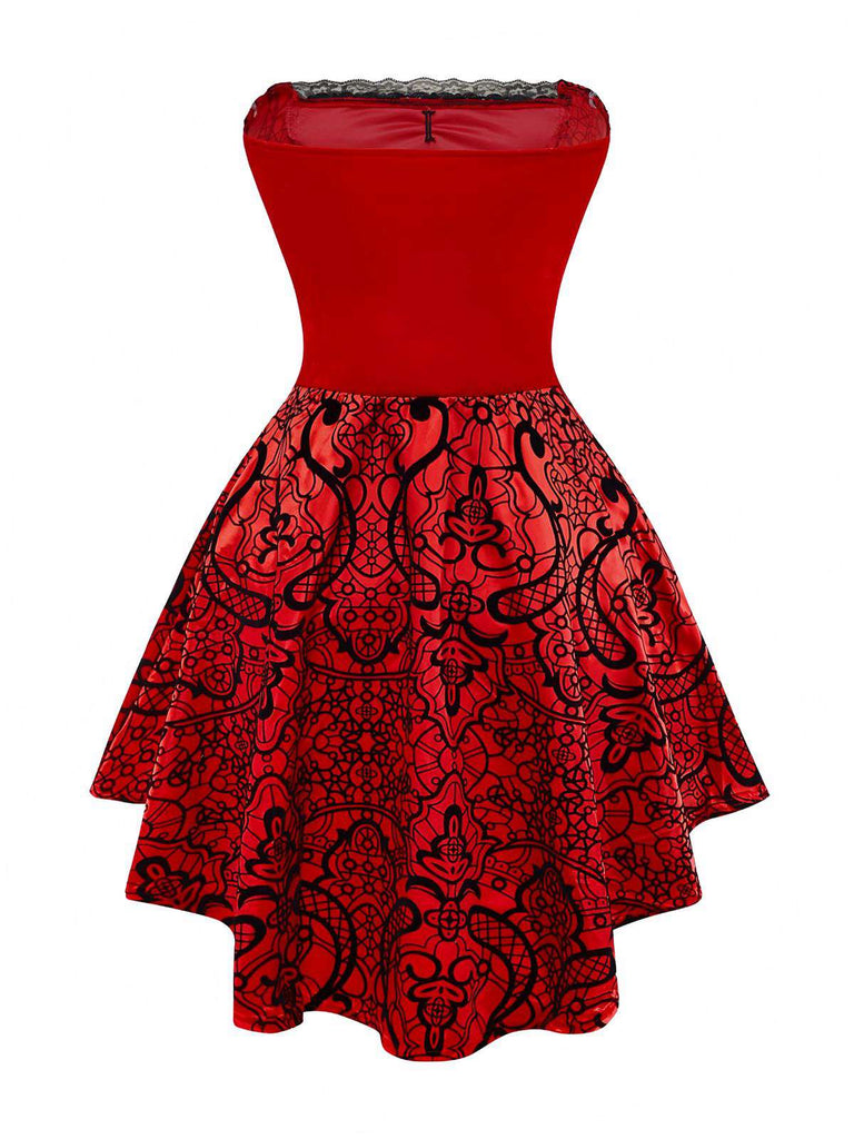 Red 1980s Velvet Lace Sequined Strapless Dress & Cape - vintage dress, retro fashion, elegant red