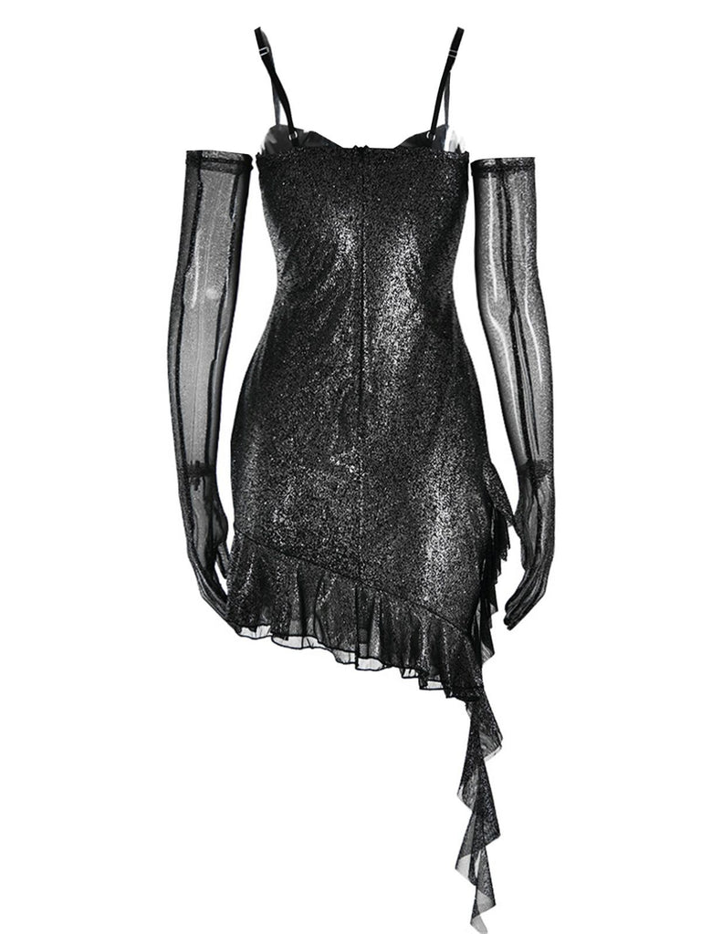 1980s Glitter Ruffled Spaghetti Strap Bodycon Dress - vintage dress, retro fashion