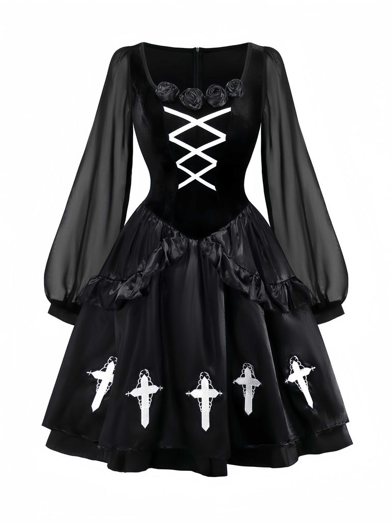 1980s Gothic Cross Velvet 3D Roses Dress With Headband - vintage dress, retro fashion