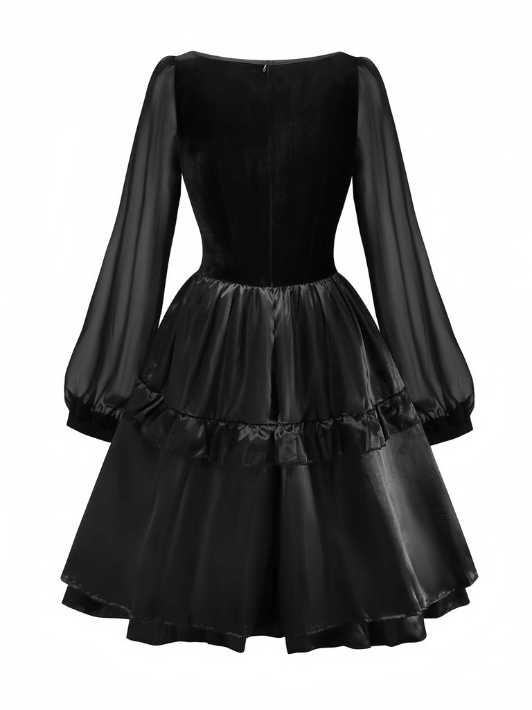 1980s Gothic Cross Velvet 3D Roses Dress With Headband - vintage dress, retro fashion