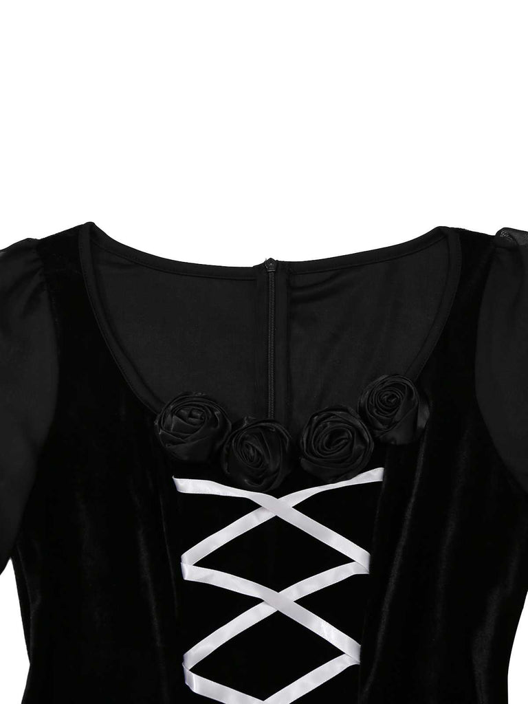 1980s Gothic Cross Velvet 3D Roses Dress With Headband - vintage dress, retro fashion