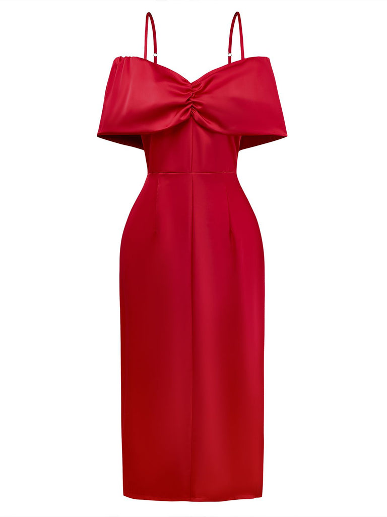 Red 1980s Bow Off-Shoulder Satin Side Slit Midi Dress - vintage dress, retro fashion, elegant red