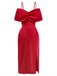Red 1980s Bow Off-Shoulder Satin Side Slit Midi Dress - vintage dress, retro fashion, elegant red