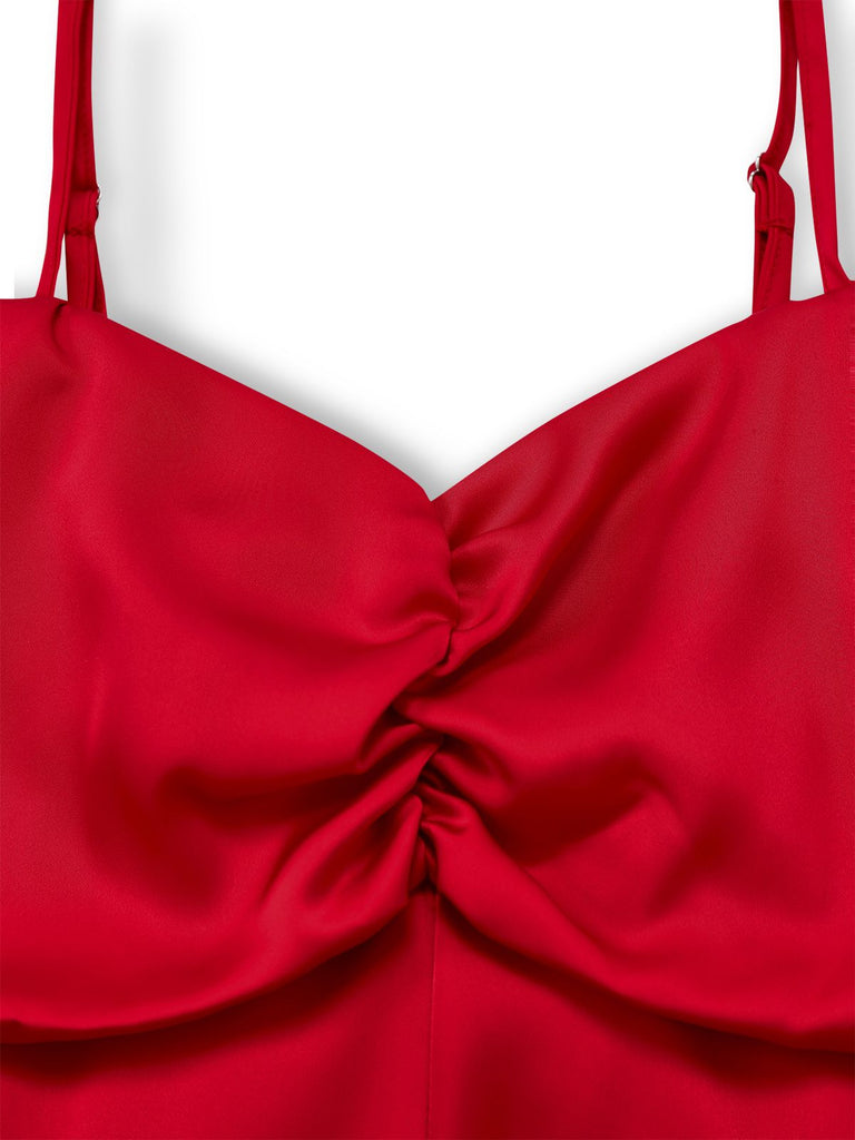 Red 1980s Bow Off-Shoulder Satin Side Slit Midi Dress - vintage dress, retro fashion, elegant red