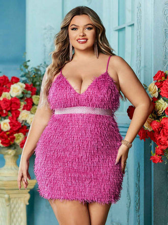 Rose Pink 1980s Fringed Spaghetti Strap Bodycon Dress - vintage dress, retro fashion