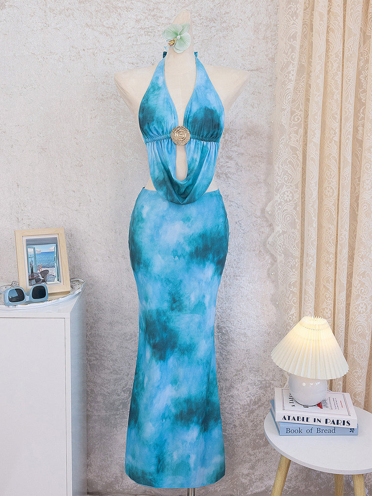 Sky Blue 1980s Tie-Dye Halter Cutout Backless Maxi Cover-Up Dress - vintage dress, retro fashion