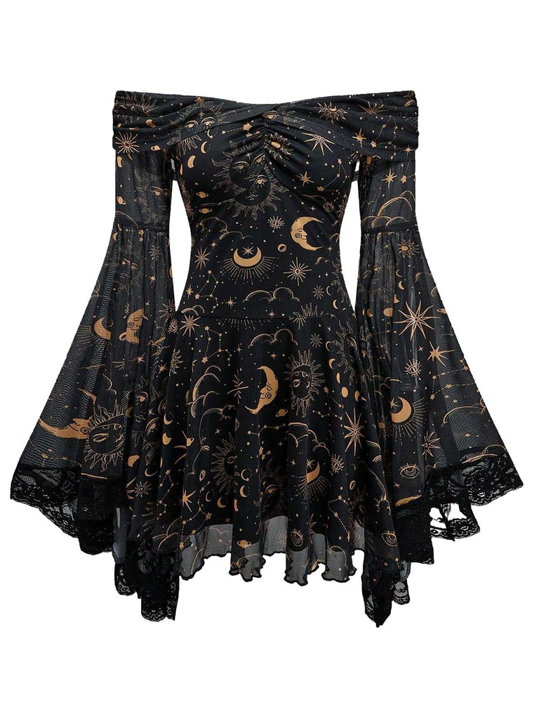 1980s Star Moon Sun Face Off-Shoulder Bell Sleeve Dress - vintage dress, retro fashion