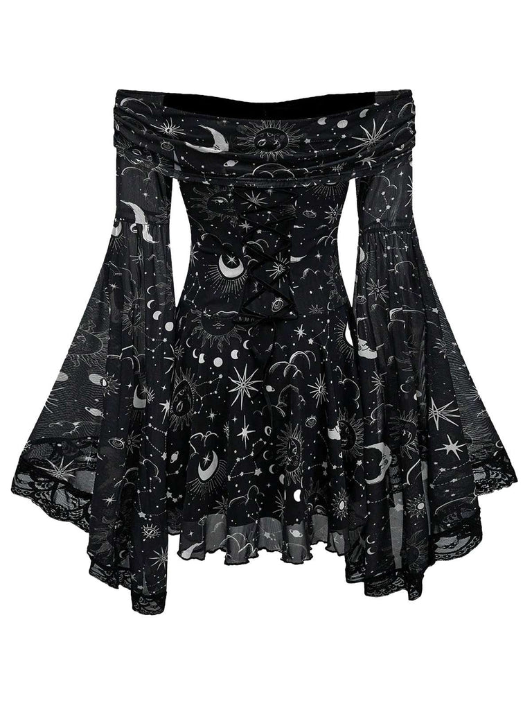 1980s Star Moon Sun Face Off-Shoulder Bell Sleeve Dress - vintage dress, retro fashion