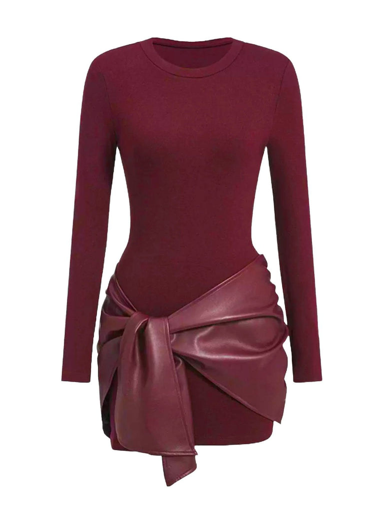 1980s Faux Leather Bow Long Sleeve Dress - vintage dress, retro fashion