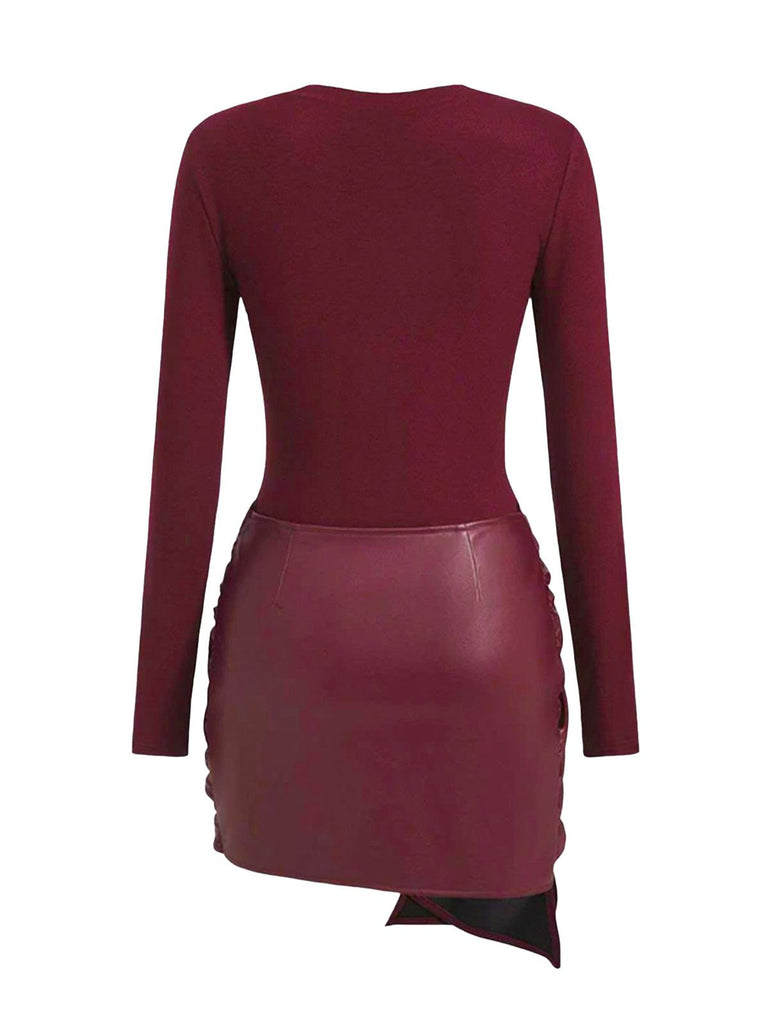 1980s Faux Leather Bow Long Sleeve Dress - vintage dress, retro fashion