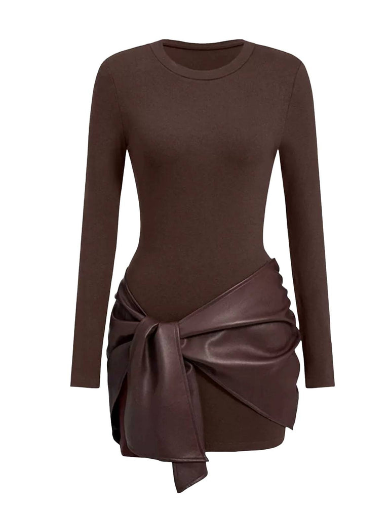 1980s Faux Leather Bow Long Sleeve Dress - vintage dress, retro fashion