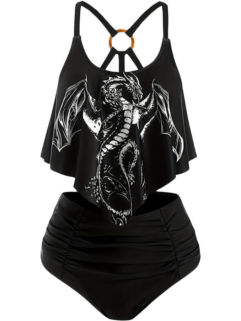 This 1980s Gothic Dragon Back-Cross Ruffle Swimsuit carries 1980s vacation dreams in every stitch