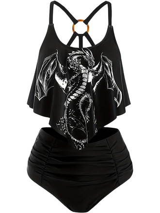 This 1980s Gothic Dragon Back-Cross Ruffle Swimsuit carries 1980s vacation dreams in every stitch