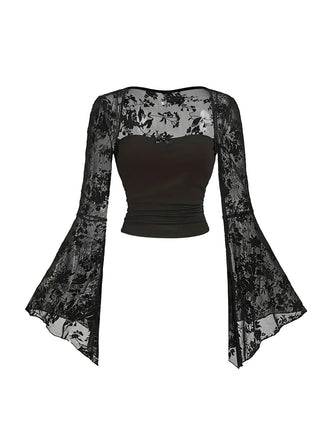 1980s Gothic Lace Mesh Bell Sleeve Top - vintage fashion, retro style