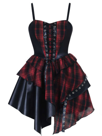 1980s Gothic Punk Leather Plaids Corset Dress - vintage dress, retro fashion