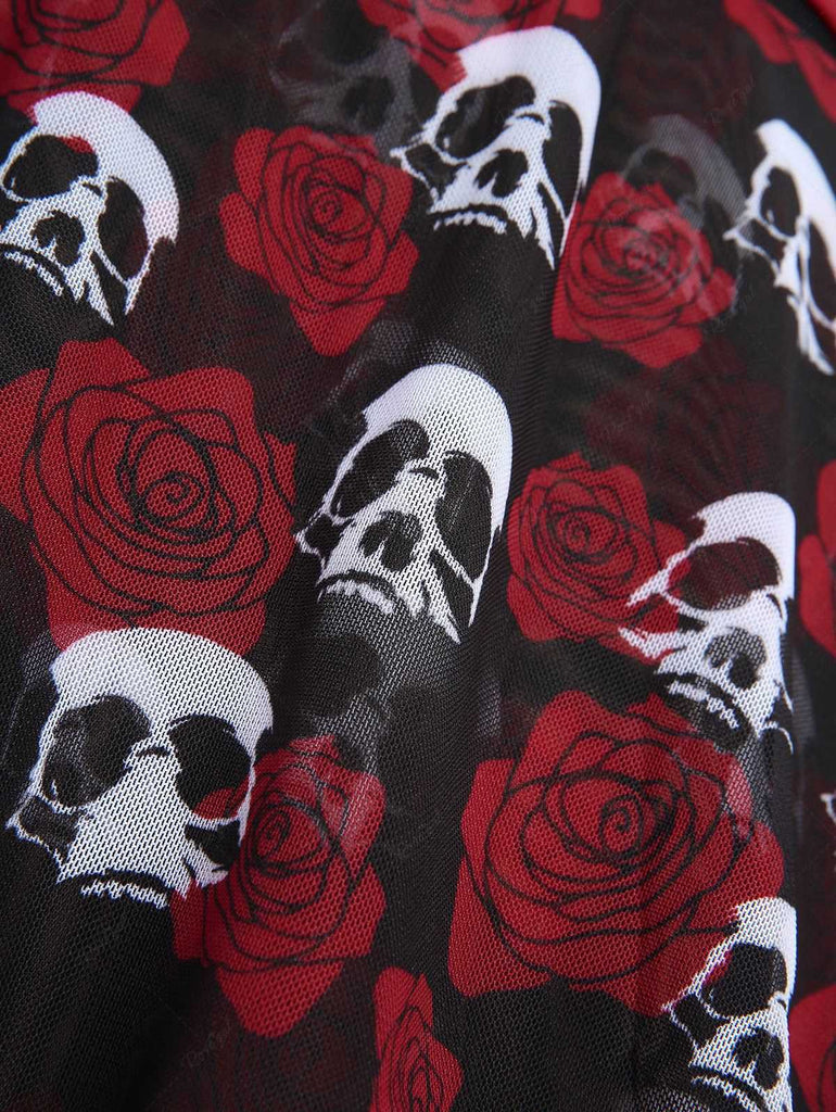 Black & Red 1980s Gothic Skull Rose Halter Skirt Swimsuit - vintage skirt, retro style, classic black