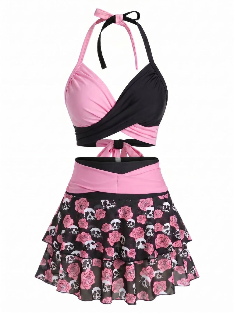 Black & Pink 1980s Gothic Skull Rose Halter Skirt Swimsuit, vintage skirt, retro style, rockabilly fashion, women, elegant