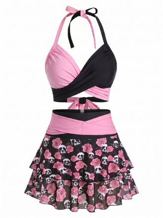 Black & Pink 1980s Gothic Skull Rose Halter Skirt Swimsuit, vintage skirt, retro style, rockabilly fashion, women, elegant