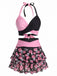 Black & Pink 1980s Gothic Skull Rose Halter Skirt Swimsuit, vintage skirt, retro style, rockabilly fashion, women, elegant