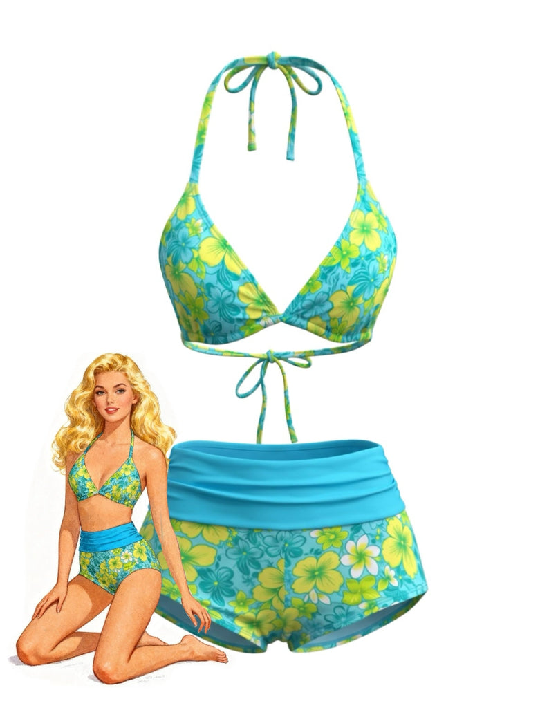 1980s Halter Floral Boy Short Bikini Set - vintage swimsuit, pin-up swimwear for vintage lovers