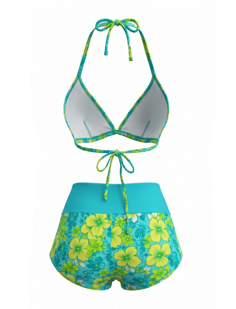 1980s Halter Floral Boy Short Bikini Set - vintage swimsuit, pin-up swimwear for vintage lovers