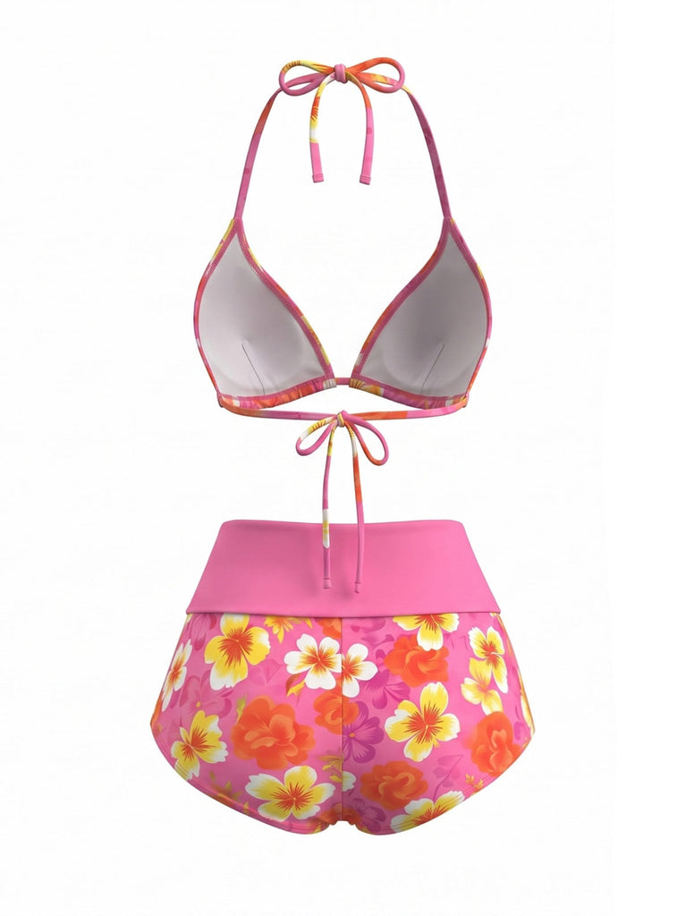 1980s Halter Floral Boy Short Bikini Set - vintage swimsuit, pin-up swimwear for vintage lovers