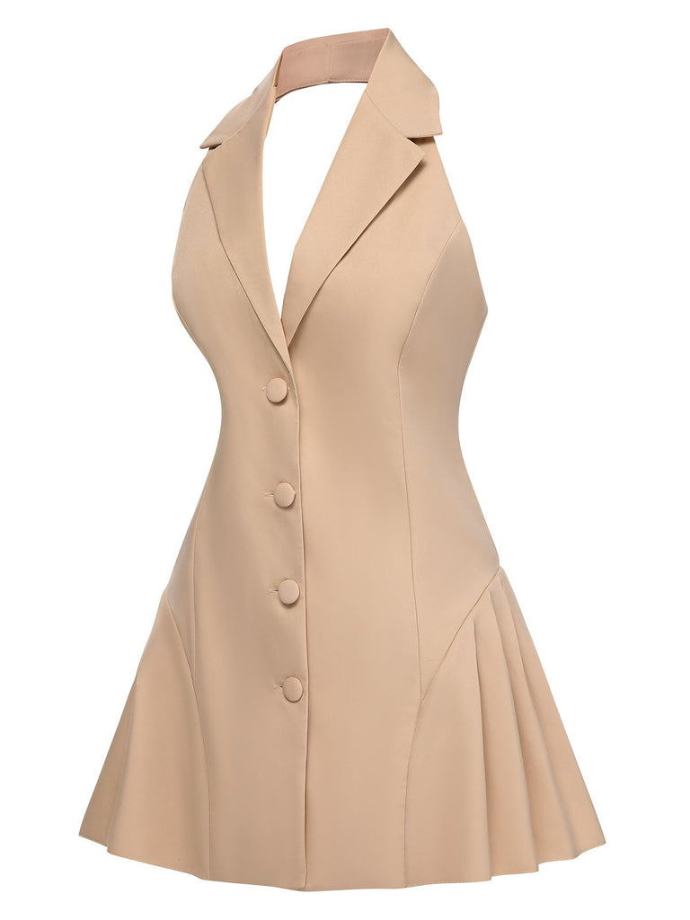1980s Halter V-Neck Backless Sleeveless Solid Dress: where 1980s romance meets her modern spirit