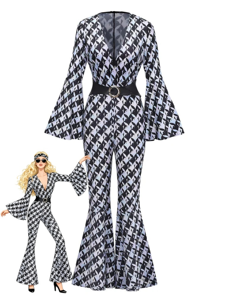 Black & White 1980s Houndstooth Bell Sleeve Jumpsuit - vintage jumpsuit, retro fashion, classic black