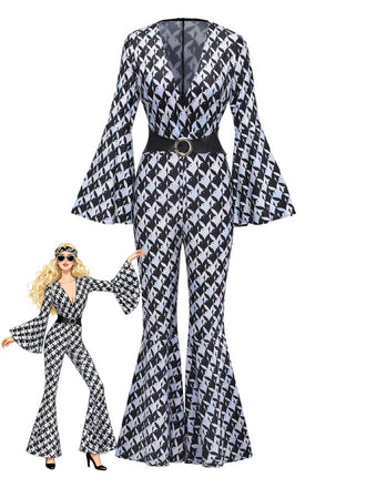 Black & White 1980s Houndstooth Bell Sleeve Jumpsuit - vintage jumpsuit, retro fashion, classic black