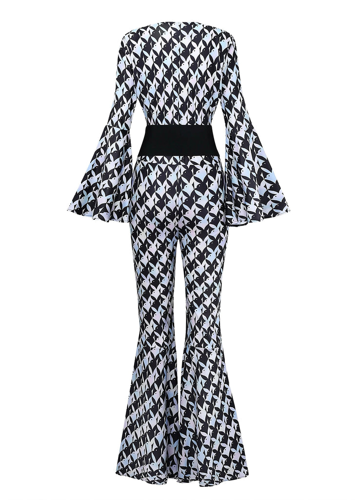 Black & White 1980s Houndstooth Bell Sleeve Jumpsuit - vintage jumpsuit, retro fashion, classic black