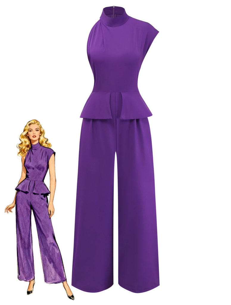 Purple 1980s Solid Irregular Sleeve Fitted Jumpsuit - vintage jumpsuit, retro fashion