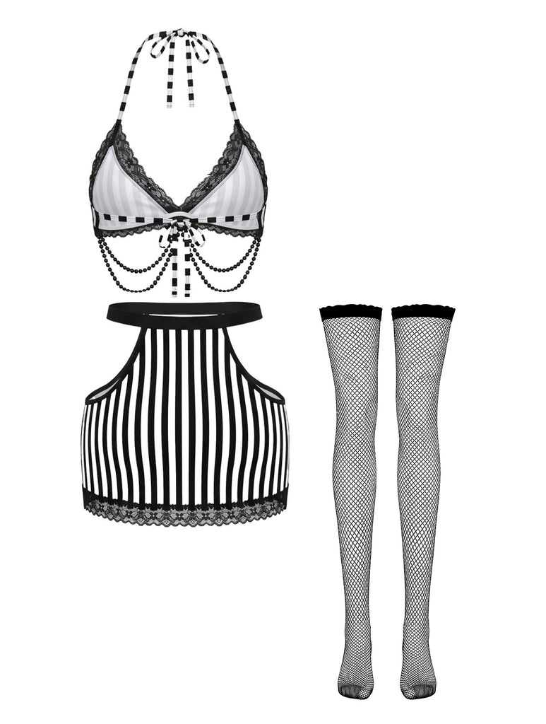 Black White 1980s Lace Striped Two Piece Set 2