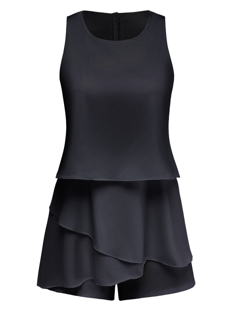 1980s Layered Ruffle Solid Sleeveless Romper - vintage jumpsuit, retro chic for women