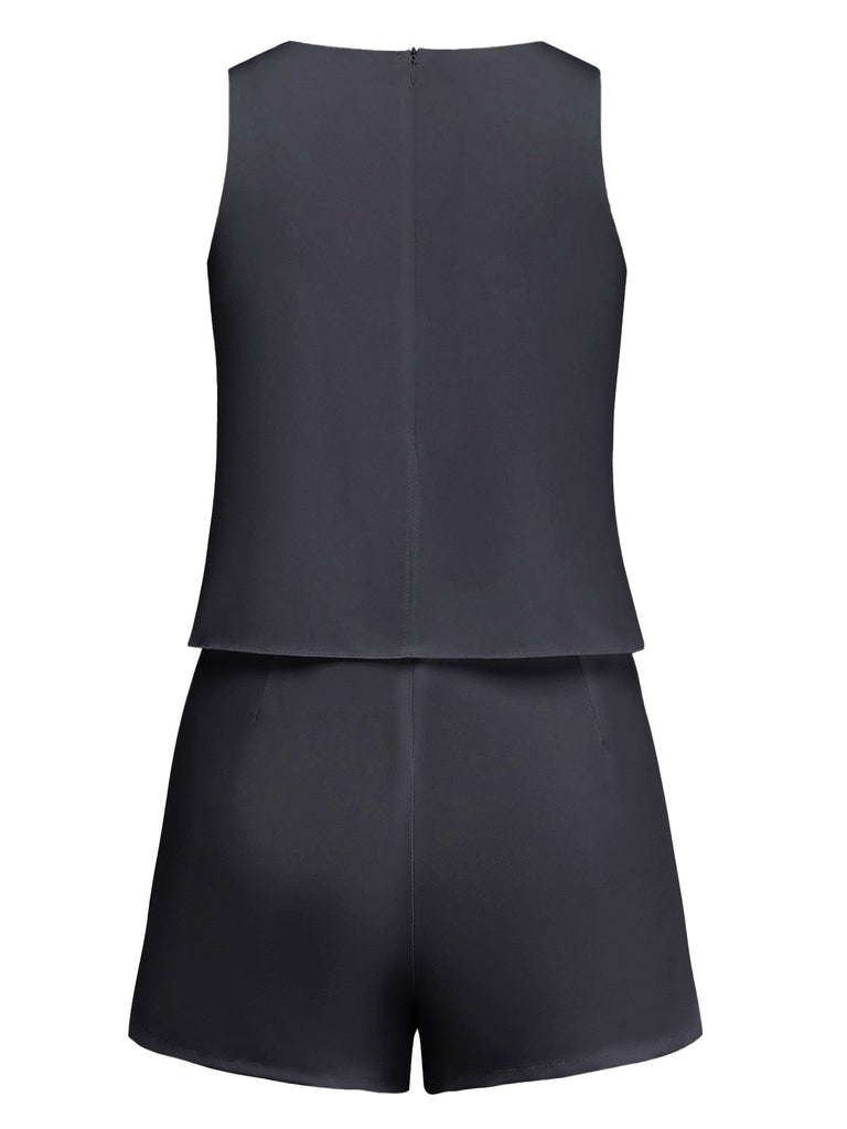1980s Layered Ruffle Solid Sleeveless Romper - vintage jumpsuit, retro chic for women